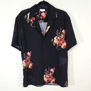 PacSun Black Short Sleeve Button Up Floral Coral Snake Print Lightweight Soft, M